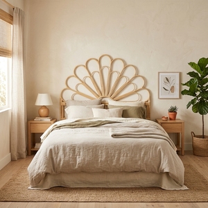 New modern minimalist boho <b>rattan</b> sunburst headboard <b>bed</b> <b>frame</b> wood eco friendly double queen bedroom furniture upholstered <b>beds</b> - Product Image 3
