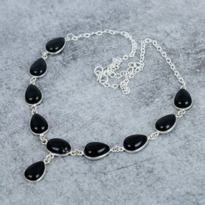 Brass Plated Black Onyx Flower Bezel <b>Statement</b> Minimalist <b>Necklace</b> with Unique Chain 18 Inch Party Wedding Jewelry - Product Image 2