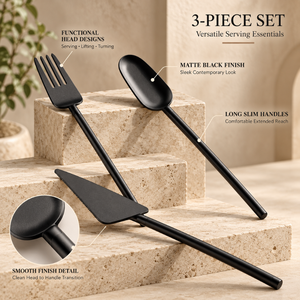 Juego de Utensilios de Cocina Negro Mate de Tres Piezas: Espátula, Cuchara para Servir y Servidor Triangular | Utensilio de Cocina Antiadherente Moderno con Mango Largo - Product Image 4