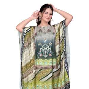 Robe Kaftan Courte pour Femme – Imprimé Paon Ethnique Jaune et Vert, Tunique Ample Festive - Product Image 1