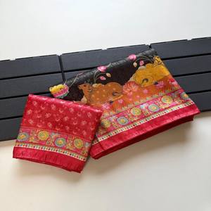 VASTRA COTTAGE Saree de Seda Suave con Jacquard Jari en Toda la Prenda y Estampado Digital Kalamkari, Saree de Diseño con Blusa con Ribete Doori - Product Image 1