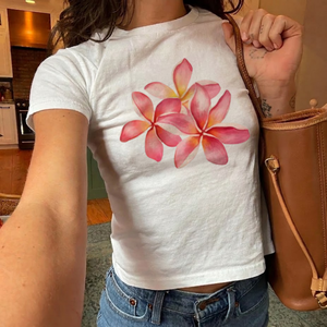 Trendy Y2K Aesthetic Floral Baby Tee, Aesthetic Frangipani Print Slim Fit Crop <b>Top</b>, Women’s Streetwear Summer Graphic T-shirt. - Product Image 1