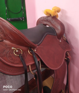 Selle d'équitation occidentale en cuir sculptée à la main Selles de course de baril de cheval Selle d'équitation de sentier de plaisir - Product Image 4