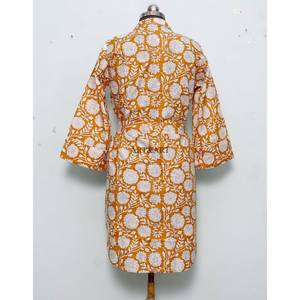 100% Pure Cotton Long Shirt <b>Dress</b> V-Neck 3/4 Sleeve Button Front belt Style Evening Formal Block Printed flare sleeves for women - Product Image 6