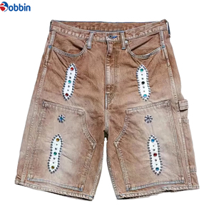 Pantalones Cortos Casuales de Verano para Hombre, Estilo Retro Hip Hop, Personalizados, Decorados con Pedrería, Tela Vaquera Lavada, Diseño Cargo - Product Image 3