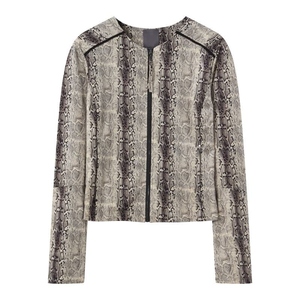 Snake Skin Print Bomber <b>Jacket</b> Women's Faux <b>Leather</b> Zipper Front <b>Long</b> Sleeve Short Length Autumn Style Woven Fabric - Product Image 1