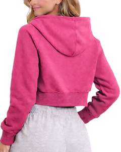 Sudadera con capucha corta personalizada para mujer, con cremallera, manga larga, informal, de felpa suave, estilo urbano, color rosa, para otoño e invierno. - Product Image 2