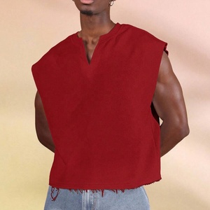 <b>Men's</b> Trendy Summer V-Neck Sleeveless <b>Top</b> Front Short Jersey Solid Color Loose Fit Casual Sports Knitted Plain Dyed <b>Men</b> T-shirt - Product Image 1