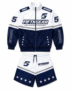 ชุดวอร์มกีฬาผู้ชายแบบมีฮู้ด รุ่น CUSTOM แจ็คเก็ตและกางเกงขาสั้น สีน้ำเงินขาว ลายพิมพ์บล็อกสี ระบายอากาศได้ดี เหมาะสำหรับฤดูใบไม้ผลิ รับผลิตแบบ OEM จำนวนมาก - Product Image 3