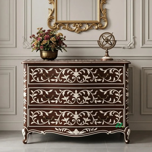 Commode en bois avec incrustations en os, commode traditionnelle en bois faite à la main avec design en incrustations d'os, 3 tiroirs, meubles de chambre à coucher - Product Image 2