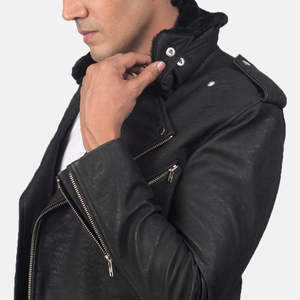 <b>Men's</b> <b>Black</b> Genuine Leather Moto <b>Jacket</b> With Zipper Closure Turn-down Collar Slim Fit Regular Length Autumn Style - Product Image 3