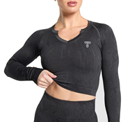 Conjunto Deportivo Ecológico y Transpirable para Mujer, Top Corto de Manga Larga con Cuello Redondo y Orificios para Pulgares, Corte Regular, Spandex/Poliéster de Secado Rápido