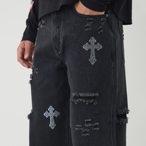 Jeans Rotos con Pedrería Chrome Hearts para Hombre, Calidad Premium, Estilo Hip Hop, Pantalones de Mezclilla Negros Desgastados para Hombre - Product Image 3