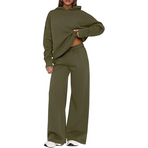 Ensemble sweat à capuche et pantalon de survêtement droit pour femme, tenue décontractée chaude d'hiver, couleur unie - Product Image 1