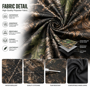 Real Tree Sublimation Design <b>Men's</b> Hooded Rain <b>Jacket</b> and Pants Set Windproof Outdoor Hunting Fishing Gear Regular Fit Polyester - Product Image 5