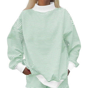 Suéter de Cuello Alto para Mujer, Color Blanco Menta con Rayas, Hombros Caídos, Mangas Anchas y Ribete Blanco en el Bajo, para Ropa Casual de Calle - Product Image 1