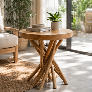 Mesa Auxiliar ARTERRA Premium de Estilo Rústico con Rama de Teca y Tapa Redonda de Madera Natural para Sala de Estar o Dormitorio - Product Image 4