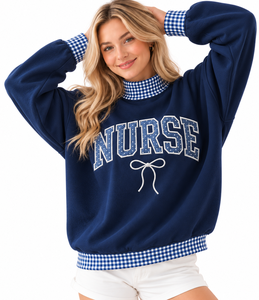 Wholesale Women’s Oversized <b>Mock</b> Neck Sweatshirt Custom Gingham Letters Ribbing Cotton Winter Casual Pullover - Product Image 4