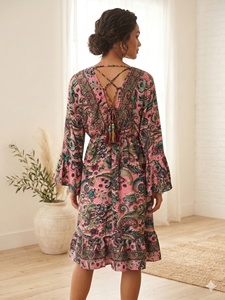 Women's Comfortable A-Line Knee-Length Silk Dress Boho Bohemian Floral Print Paisley Sexy Cute Sweet Y2K Vintage Korean Spring - Product Image 3