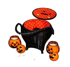 Panier de rangement en rotin noir tressé à la main, design flexible, panier cadeau créatif en forme de chaudron, décoration d'Halloween effrayante - Product Image 3