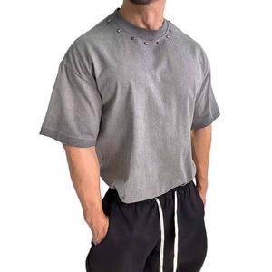 T-shirt gris en coton pour homme, coupe oversize, manches courtes, col rond, décontracté, couleur unie, tricot jersey, design uni - Product Image 1