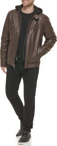 Hot Selling <b>Men's</b> Classic <b>Leather</b> <b>Jacket</b> with Removable Hood and Stand Collar OEM Canvas <b>jacket</b> for <b>men</b> - Product Image 2