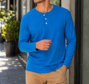 เสื้อเชิ้ตแขนยาวสีน้ำเงินสำหรับผู้ชาย ทรงปกติ ผ้าถัก สวมใส่สบาย 100% ผ้าฝ้าย ODM ย้อมสีพื้น เป็นมิตรกับสิ่งแวดล้อม ระบายอากาศได้ดี - Product Image 3