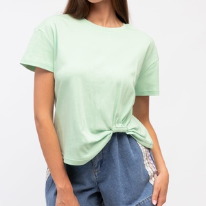 Camiseta de Verano para Mujer, de Algodón, Ajustada, de Manga Corta, con Diseño Recortado, Color Verde Claro, en Oferta - Product Image 1