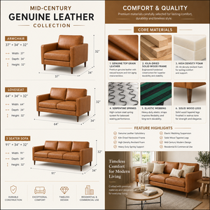 Elegant Cognac Leather <b>Sofa</b> 3 Seat Mid Century Modern Couch Solid Wood Frame Comfortable Living Room Lounge Furniture - Product Image 5