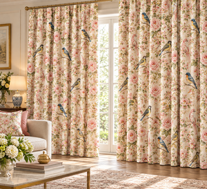 Rideaux occultants beige à imprimé floral pastoral et oiseaux pour salon et porte-fenêtre - Product Image 1