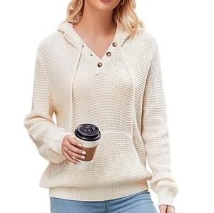 Pull-over décontracté pour femme à manches longues, col chemise, en coton/fibre de bambou côtelé, couleur unie - Product Image 2