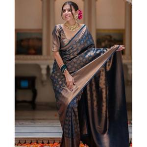 TRADITIONNEL BANARASI SOIE DOUCE Tissage TRAVAIL SAREE AVEC CHEMISIER NON COUDU BLEU - Product Image 1
