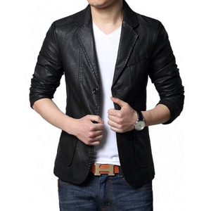 Men Brown Leather <b>Blazer</b> Notched Collar Single Breasted Regular Fit Full Length Sleeve - Product Image 3