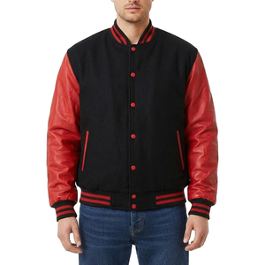 Men's Black <b>Red</b> Varsity <b>Jacket</b> PU Leather Sleeves Button Closure Turn-down Collar Casual Style Autumn Wear Regular Fit - Product Image 6