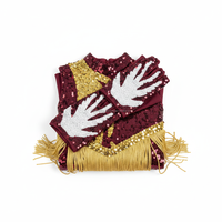 Justaucorps de majorette personnalisé pour femme, bordeaux, avec franges à sequins dorés et manches, costume de danse OEM