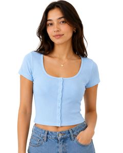 Top Corto de Punto Acanalado Azul Claro Personalizado para Mujer, Manga Corta, Cierre de Botones Delanteros, Corte Ajustado, Cuello Cuadrado, Blusa Informal de Verano de Algodón - Product Image 1