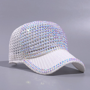 Casquette de baseball noire à 6 panneaux avec strass, imprimé floqué, maille scintillante et cristaux, style streetwear pour femme, idéale pour les fêtes d'été, modèle snapback - Product Image 4