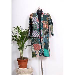 Indian <b>Women's</b> Handmade Kantha <b>black</b> Patchwork Silk <b>Robe</b> Vintage Floral Design Kimono Dressing Gown for Daily Life Summer - Product Image 3
