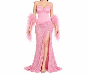 Blush Pink Mermaid Evening Gown Natural Beading <b>Strapless</b> Satin <b>Corset</b> Floral Print Floor-Length Elegant High Slit Prom Bridal - Product Image 2