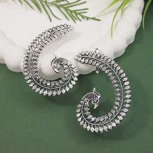 Navratri Traditional Peacock Design Oxidised <b>Silver</b> Fine <b>Cuff</b> <b>Earrings</b> for Women E3396OX - Product Image 3