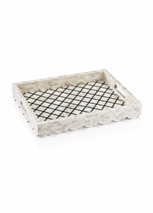Nouveau plateau décoratif rectangulaire en os incrusté, motif géométrique bleu et blanc, style méditerranéen, avec poignée, design royal - Product Image 2