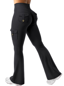 Women's High Waisted <b>Flared</b> Leg Yoga Pants With Cargo Pockets Solid Color Four-Way Stretch Workout <b>Leggings</b> - Product Image 4