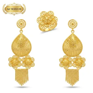 24K Gold Plated Floral Filigree Long Drop Stud Earrings for Women Dubai Arabic African <b>Bridal</b> Wedding Earrings - Product Image 2