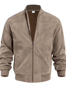 Men's <b>Suede</b> Bomber <b>Jacket</b> Stand Collar Regular Sleeve Solid Color Casual Autumn Style Pullover Closure - Product Image 4
