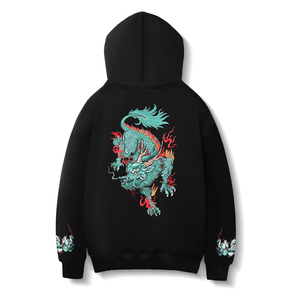Sweat-shirt à capuche noir pour homme avec imprimé dragon, style chinois, vêtement d'automne, coupe classique, tissu tricoté 100% coton - Product Image 5