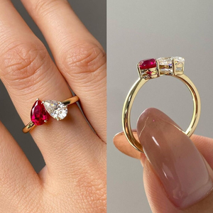 Ruby Pink White Pear Cut 2 Stone <b>Cz</b> Diamond <b>Ring</b> Yellow Gold Engagement <b>Ring</b> 10K Solid Gold Toi Et Moi <b>Ring</b> Birthday Gift For He - Product Image 4