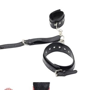 Black <b>Leather</b> <b>Wrist</b> <b>Cuffs</b> Set with Metal Buckles and Chain Connector - Product Image 5