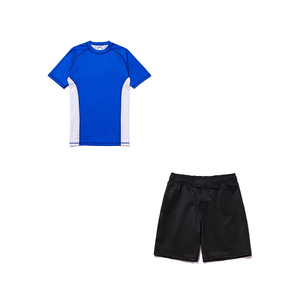 Ensemble de vêtements de combat MMA pour garçons, bleu et blanc, avec short noir, séchage rapide, coupe régulière, équipement de compression pour enfants - Product Image 1