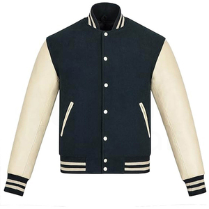 เสื้อแจ็คเก็ตวาร์ซิตี้สีกรมท่าสำหรับผู้ชาย แขนเสื้อหนัง PU สีครีม ปกเสื้อพับได้ สไตล์ลำลองแบบเบสบอล ทรงปกติ เหมาะสำหรับใส่ในฤดูใบไม้ร่วง - Product Image 1