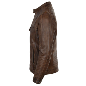 Men's Brown Cow Leather Moto Jacket Stand Collar Zipper Closure Regular Sleeve Autumn Biker Style Solid Color Slim Fit - Product Image 2